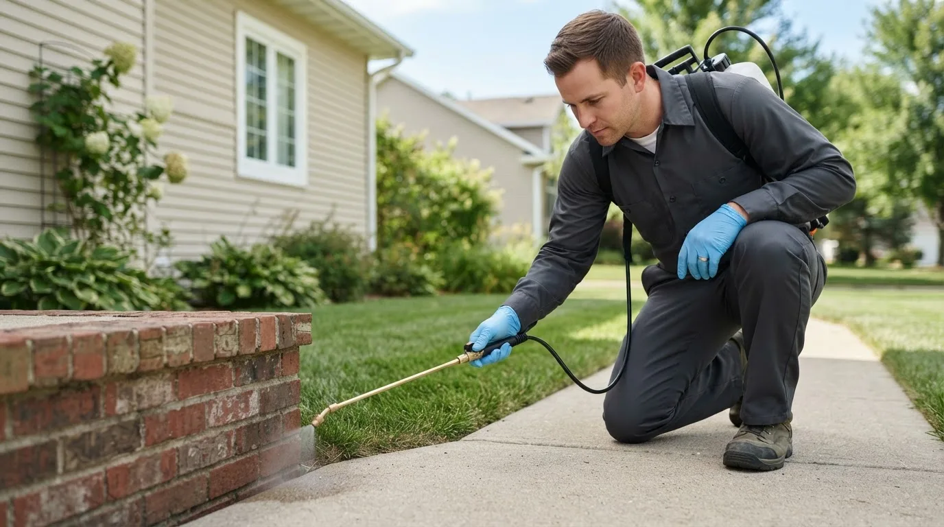 Pest control technician treating a home near Buxton, OR